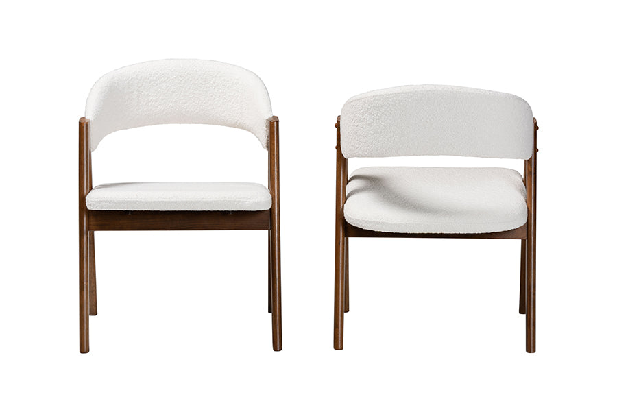 Virden Boucle Upholstered Dining Chair Set of 2- Mid-Century Modern Armchair with Solid Wood Frame and Curved Open-Back Design, Walnut Brown and White