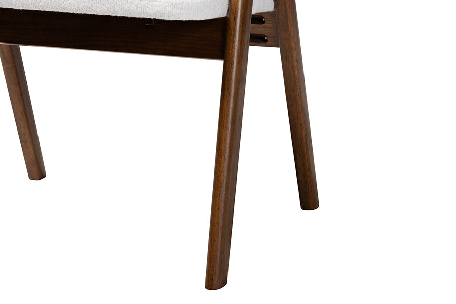 Virden Boucle Upholstered Dining Chair Set of 2- Mid-Century Modern Armchair with Solid Wood Frame and Curved Open-Back Design, Walnut Brown and White