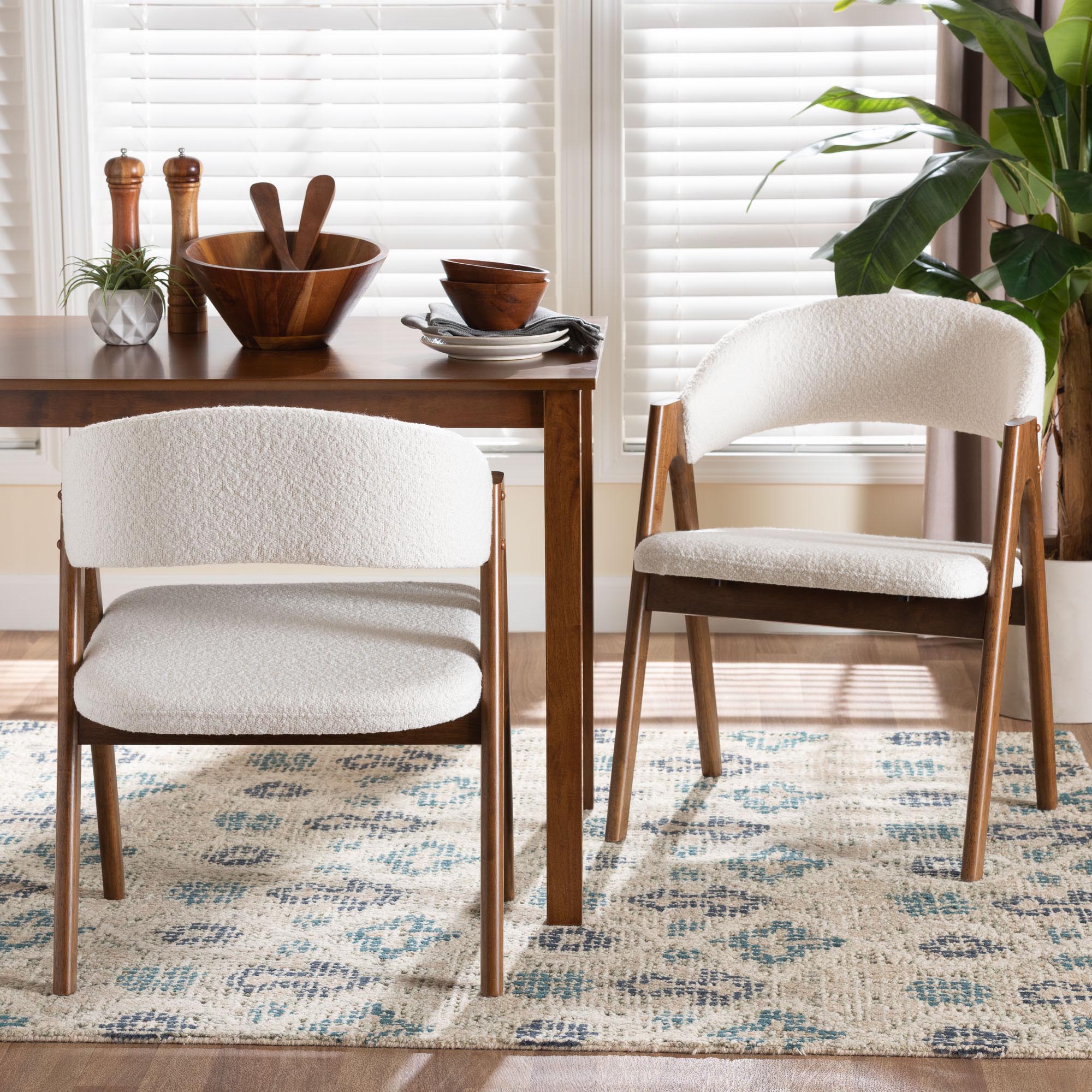 Virden Boucle Upholstered Dining Chair Set of 2- Mid-Century Modern Armchair with Solid Wood Frame and Curved Open-Back Design, Walnut Brown and White