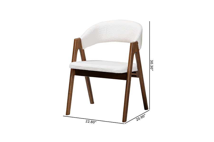 Virden Boucle Upholstered Dining Chair Set of 2- Mid-Century Modern Armchair with Solid Wood Frame and Curved Open-Back Design, Walnut Brown and White