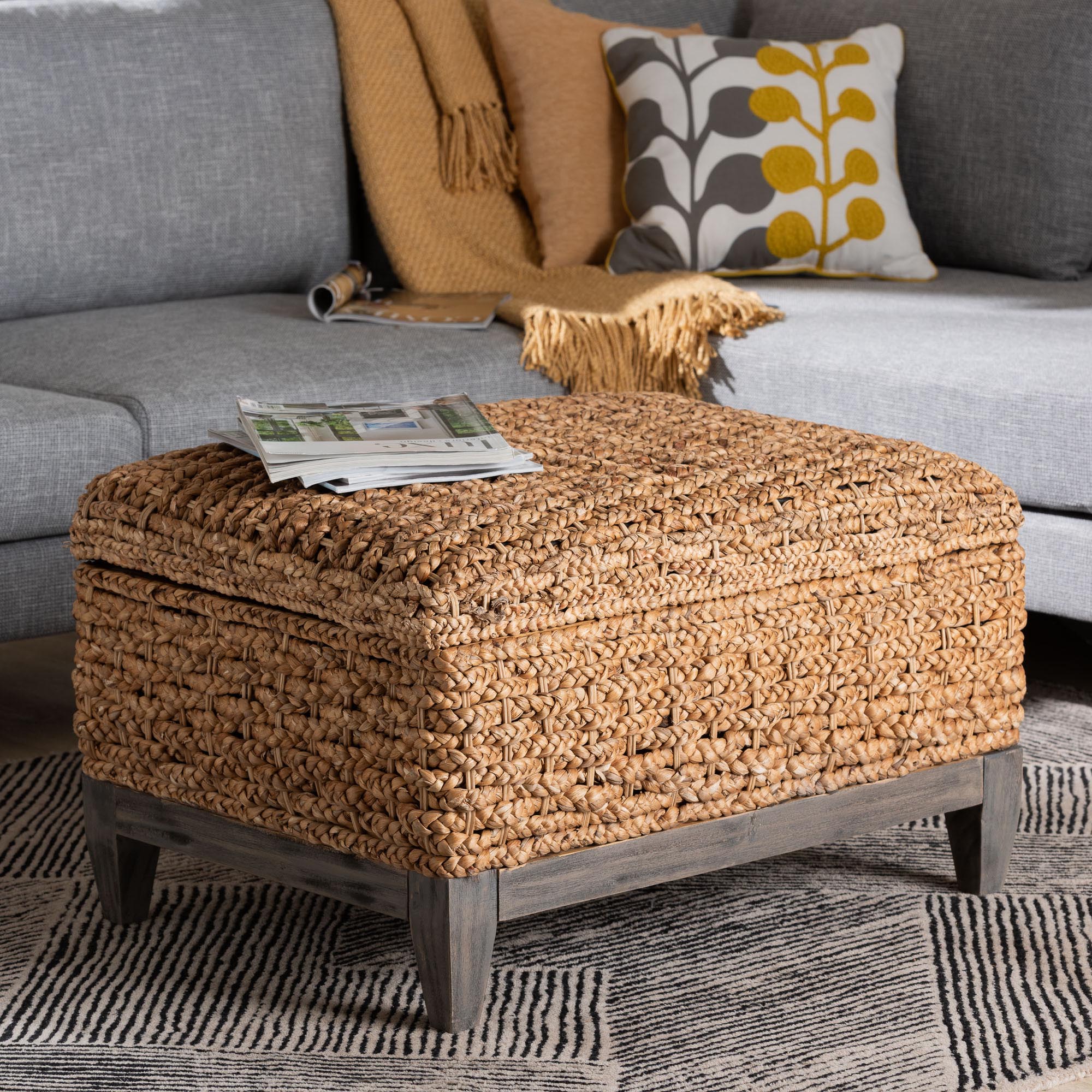 Bailey Handwoven Seagrass Storage Ottoman with Lift-Top Lid - Rustic Wicker Trunk or Footrest with Inner Compartment for Living Room or Entryway, Square