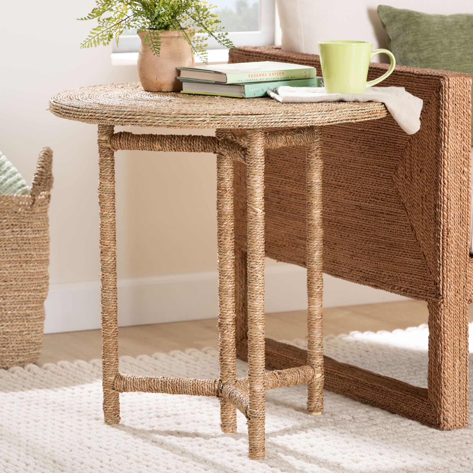 Fumito Handwoven Seagrass End Table - Round Boho Side Table with Wrapped Frame, Handmade Coastal Décor for Living Room or Sun Room