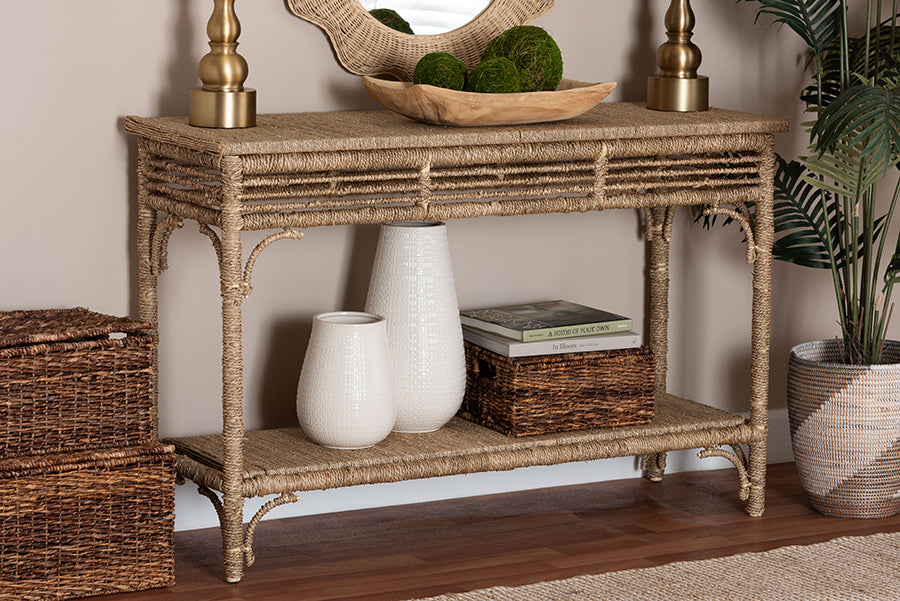 Ganit Handwoven Seagrass Console Table - Entryway Table with Wrapped Frame and Lower Shelf, Accent Table for Hallway, Living Room, or Foyer Decor