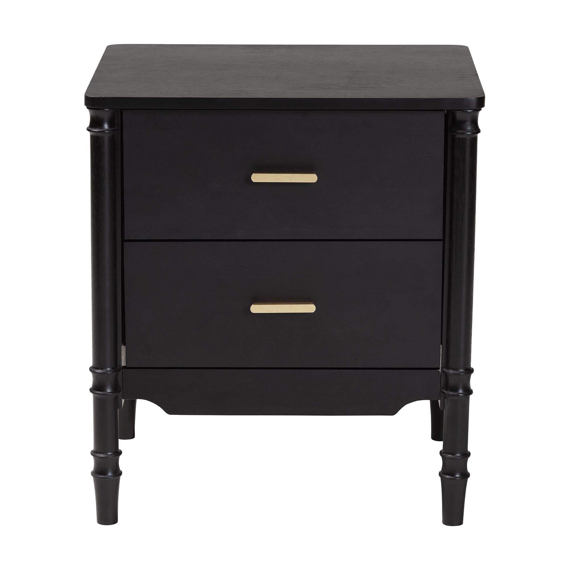 Marisela Black Wood Nightstand with Gold Handles - 2-Drawer Bedside Table with Bamboo-Inspired Legs