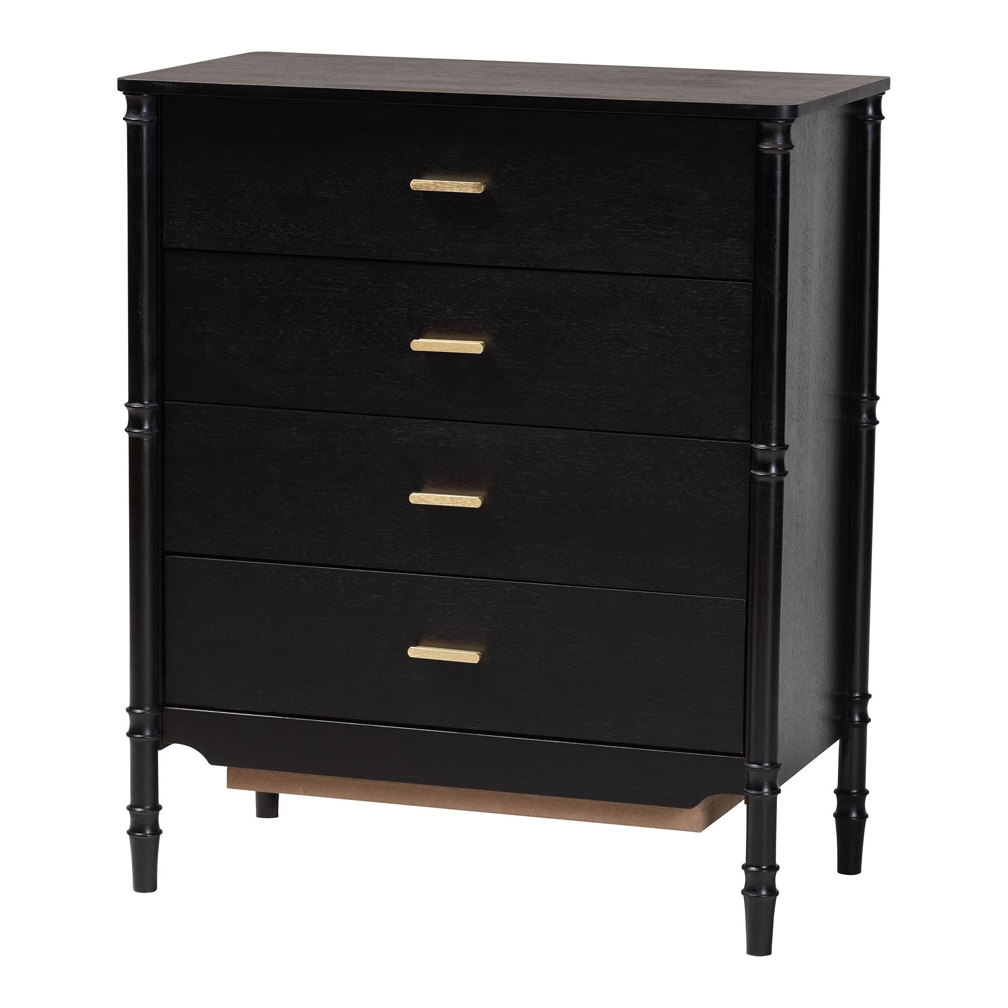 Marisela Black Wood Chest of Drawers with Gold Handles - 4-Drawer Vertical Storage Dresser with Bamboo-Inspired Legs, Modern Transitional Accent Furniture for Bedroom or Guest Room