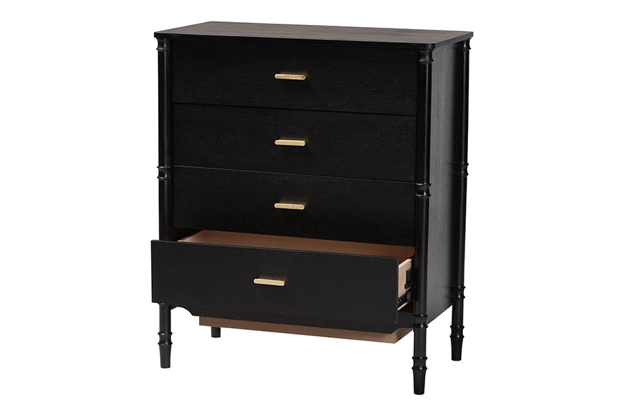 Marisela Black Wood Chest of Drawers with Gold Handles - 4-Drawer Vertical Storage Dresser with Bamboo-Inspired Legs, Modern Transitional Accent Furniture for Bedroom or Guest Room