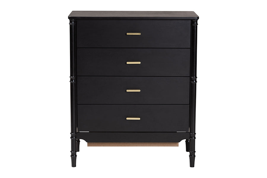Marisela Black Wood Chest of Drawers with Gold Handles - 4-Drawer Vertical Storage Dresser with Bamboo-Inspired Legs, Modern Transitional Accent Furniture for Bedroom or Guest Room
