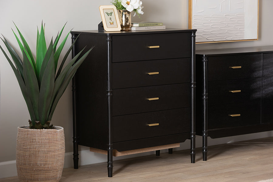 Marisela Black Wood Chest of Drawers with Gold Handles - 4-Drawer Vertical Storage Dresser with Bamboo-Inspired Legs, Modern Transitional Accent Furniture for Bedroom or Guest Room