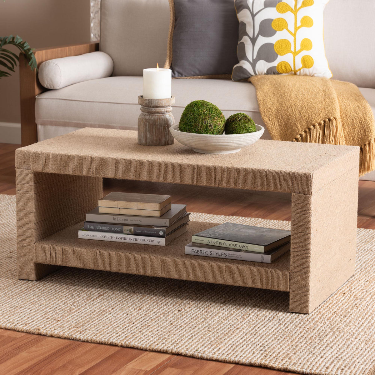 Adaya Handwoven Jute Coffee Table - Rectangular Living Room Center Table with Open Shelf Storage, Handcrafted Boho Accent Furniture
