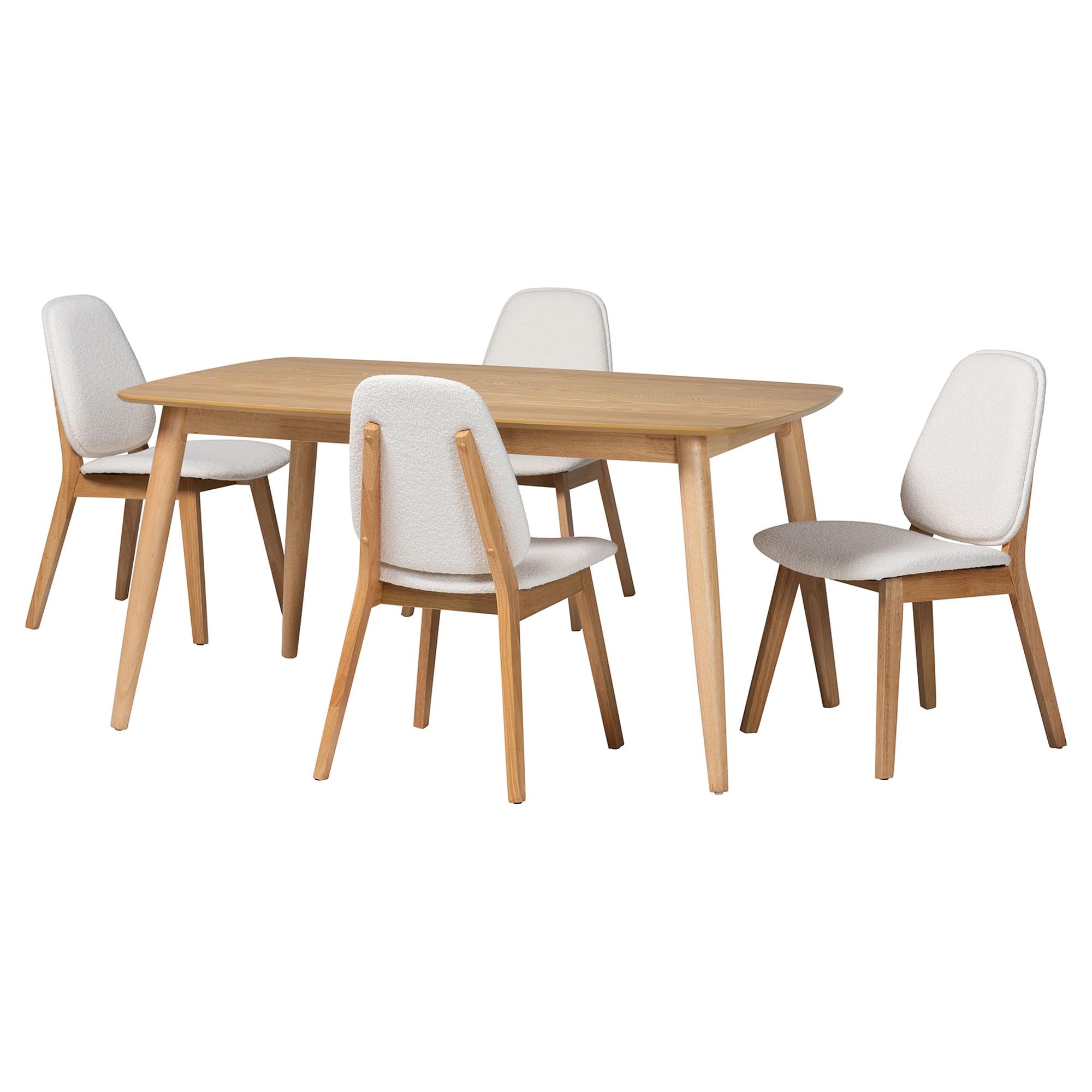 Baxton Studio Jennica 5-Piece Dining Set - Solid Wood Rectangular Table with Boucle Upholstered Chairs, Mid-Century Modern Dining Furniture for Kitchen or Dining Room, Natural and White