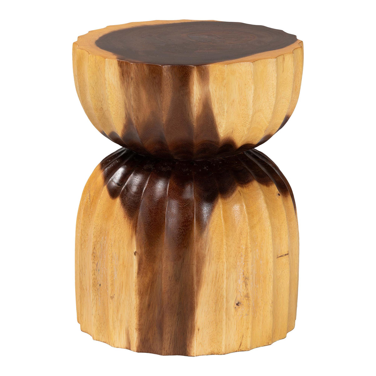 Noleta Hand-carved Suar Wood Side Table - Sculptural Hourglass Accent Table with Natural Grain, Modern Boho Style for Living Room or Bedroom