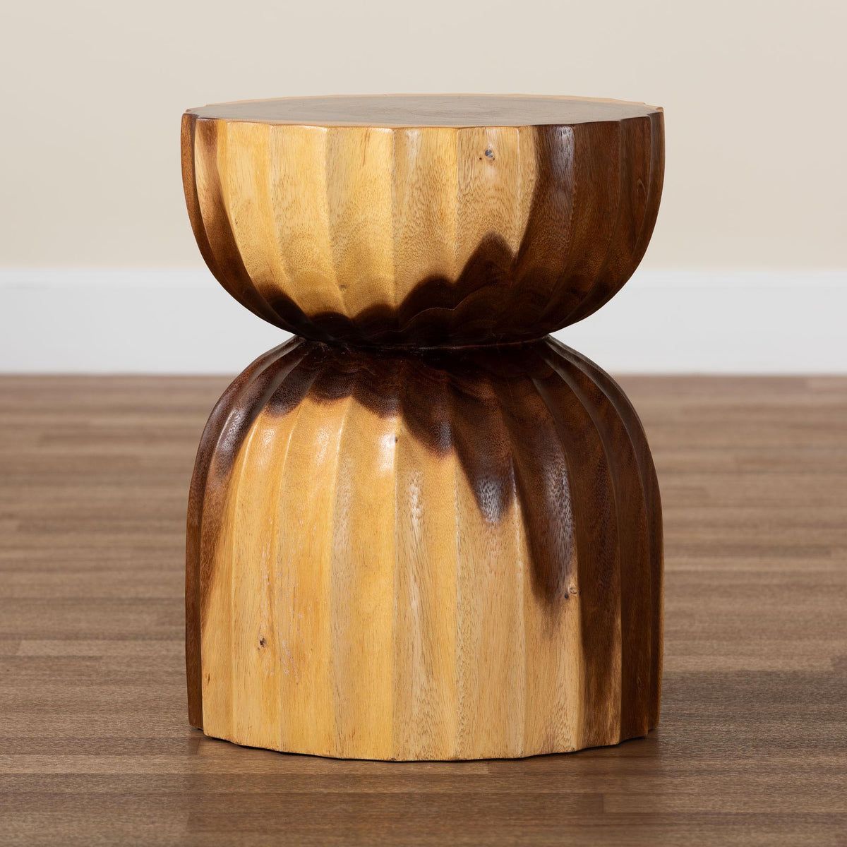 Noleta Hand-carved Suar Wood Side Table - Sculptural Hourglass Accent Table with Natural Grain, Modern Boho Style for Living Room or Bedroom