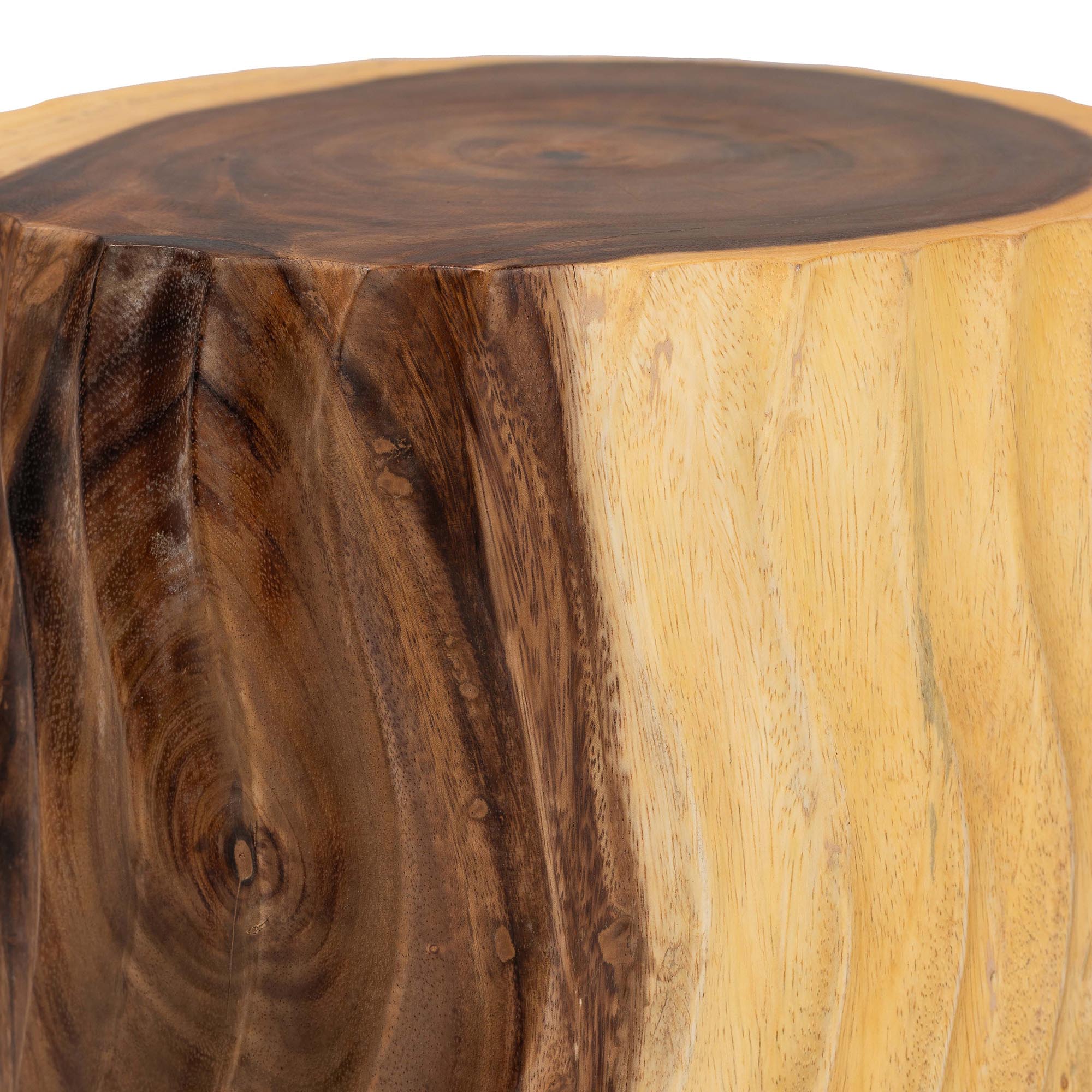 Fuchsia Hand-carved Suar Wood Side Table - Round Sculptural Accent Table with Wave Design, Modern Boho Rustic Style for Living Room or Bedroom