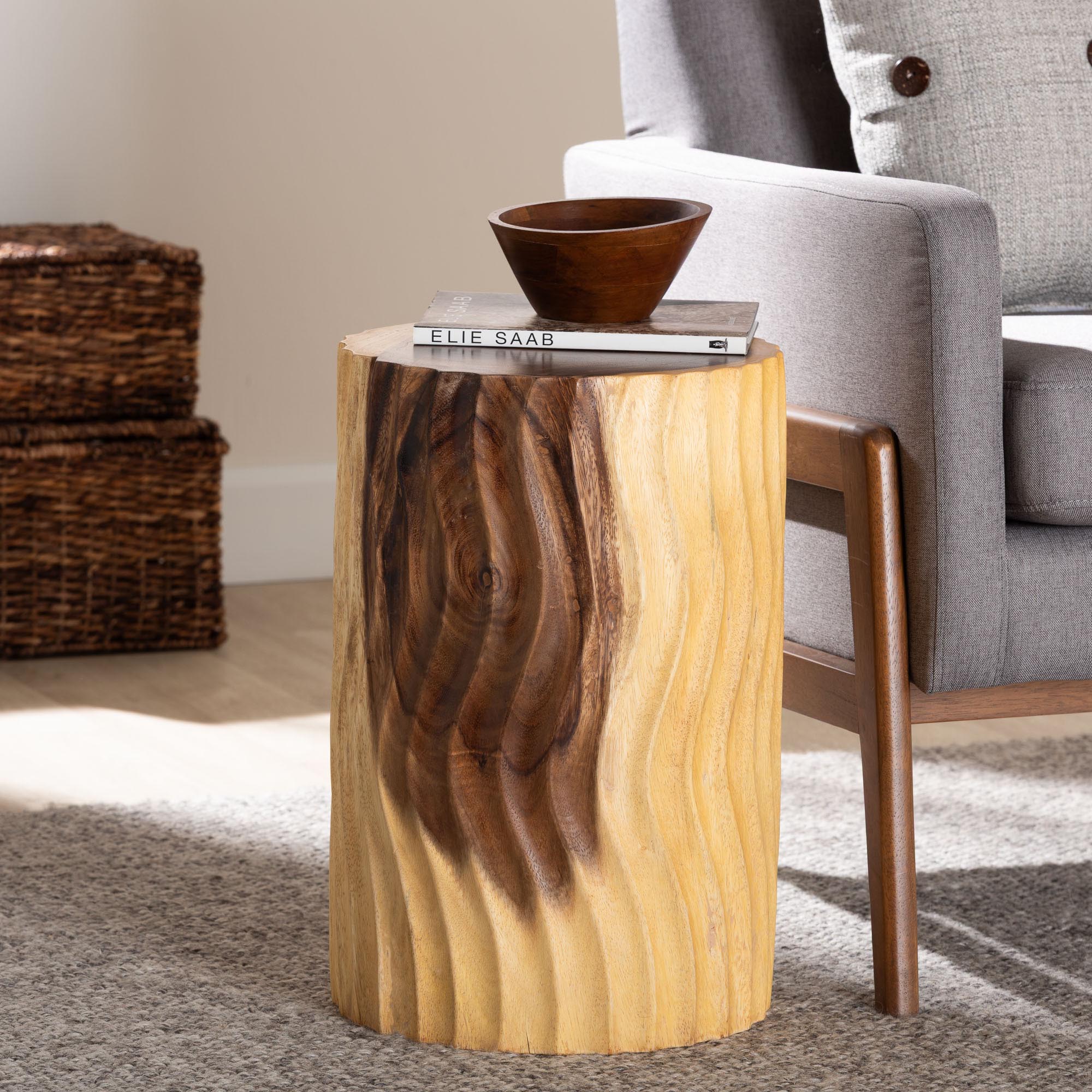 Fuchsia Hand-carved Suar Wood Side Table - Round Sculptural Accent Table with Wave Design, Modern Boho Rustic Style for Living Room or Bedroom