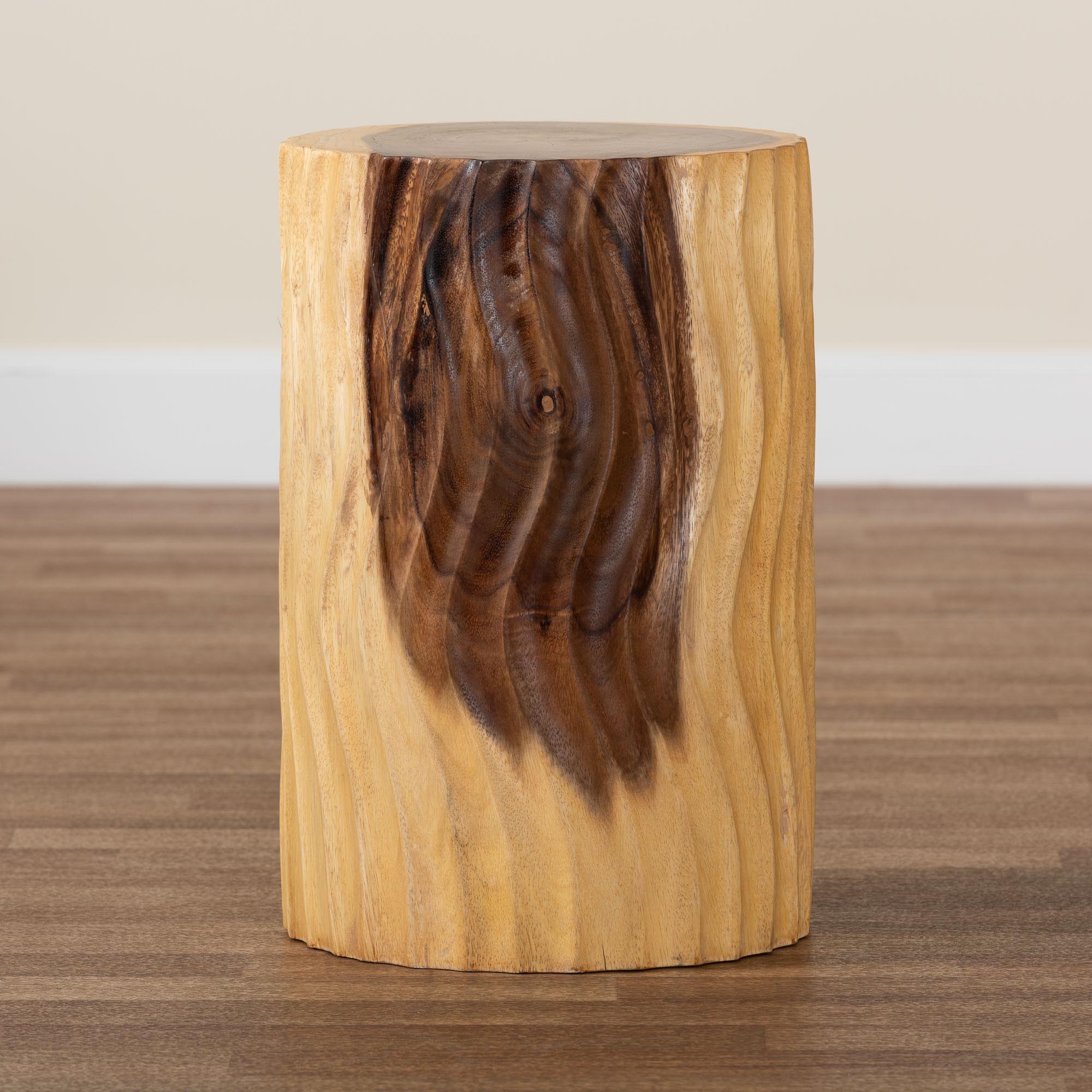 Fuchsia Hand-carved Suar Wood Side Table - Round Sculptural Accent Table with Wave Design, Modern Boho Rustic Style for Living Room or Bedroom