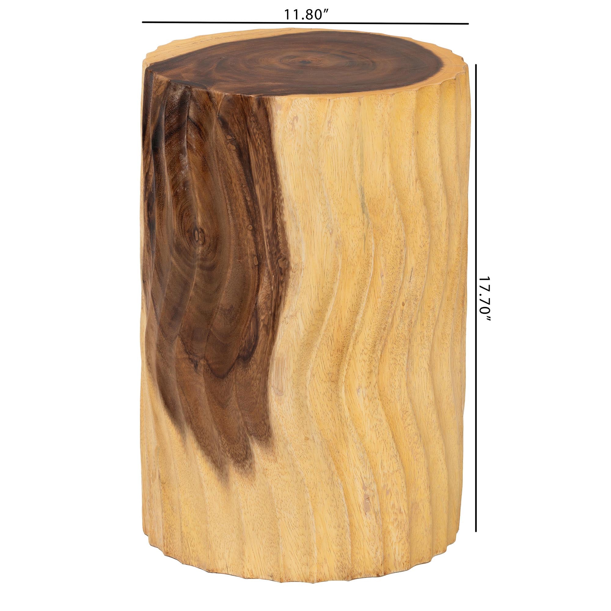 Fuchsia Hand-carved Suar Wood Side Table - Round Sculptural Accent Table with Wave Design, Modern Boho Rustic Style for Living Room or Bedroom