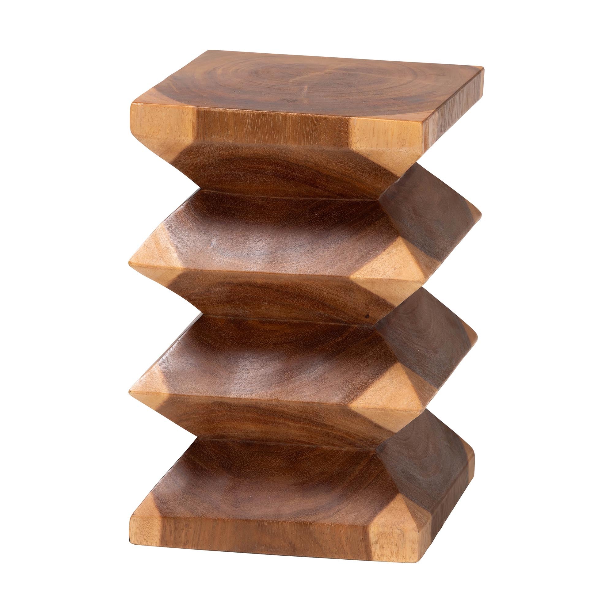 Malati Solid Suar Wood Side Table - Hand-Carved Sculptural End Table with Zigzag Design, Modern Boho Style for Living Room or Bedroom