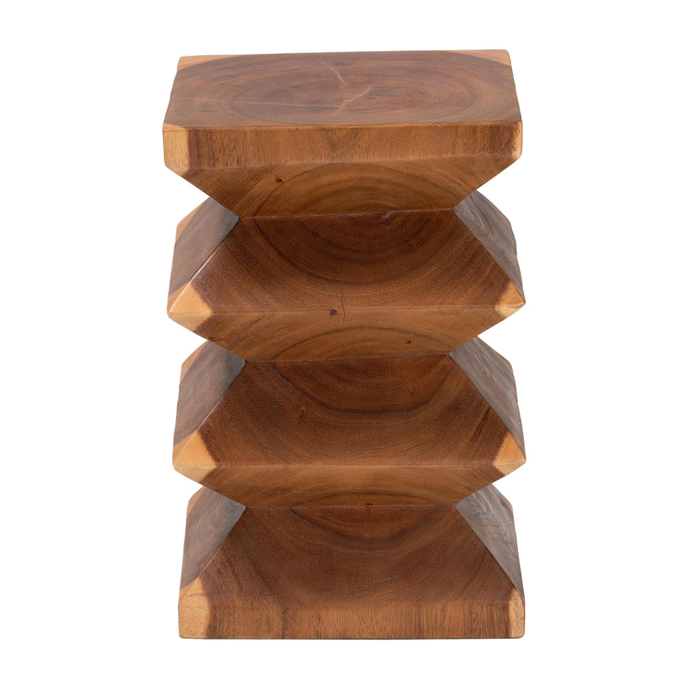 Malati Solid Suar Wood Side Table - Hand-Carved Sculptural End Table with Zigzag Design, Modern Boho Style for Living Room or Bedroom