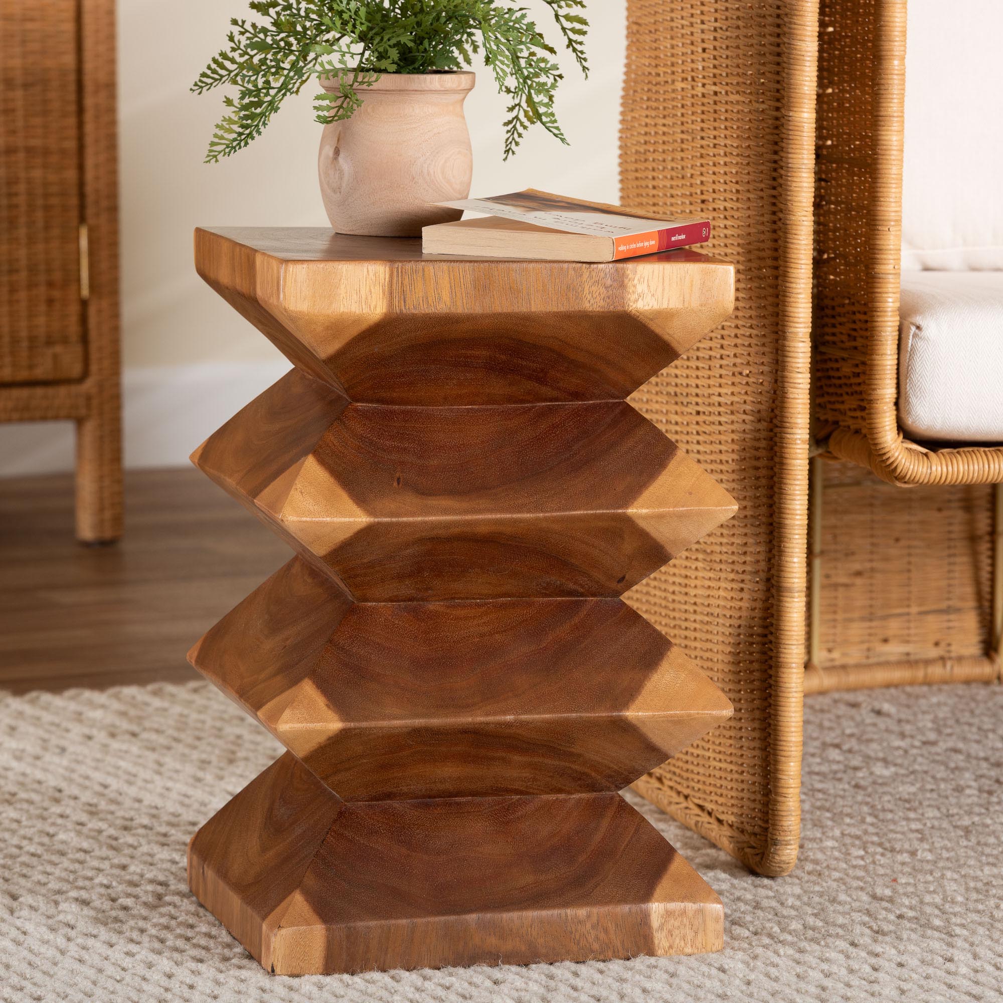 Malati Solid Suar Wood Side Table - Hand-Carved Sculptural End Table with Zigzag Design, Modern Boho Style for Living Room or Bedroom
