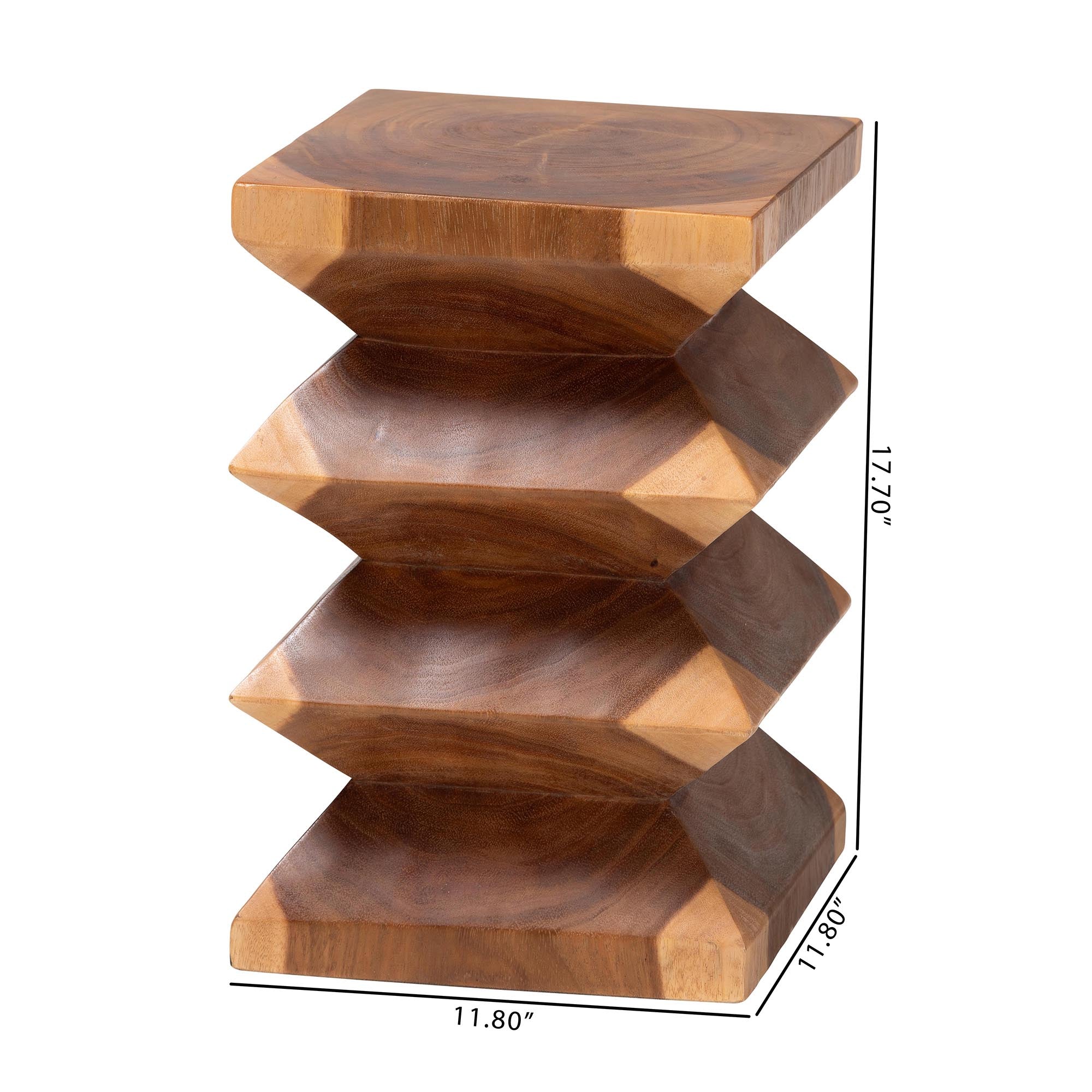 Malati Solid Suar Wood Side Table - Hand-Carved Sculptural End Table with Zigzag Design, Modern Boho Style for Living Room or Bedroom