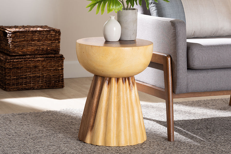 bali & pari Alara Hand-carved Suar Wood Side Table - Sculptural Pedestal Accent Table with Natural Grain, Modern Boho Style for Living Room or Bedroom