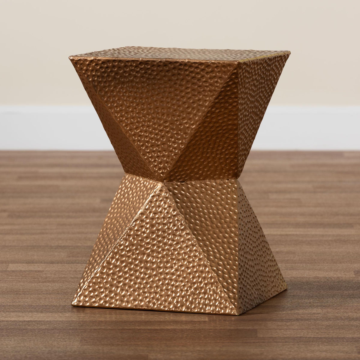 Pacey Textured Metal Accent Table - Geometric Gold Side Table with Hourglass Silhouette for Indoor or Semi-Outdoor Use