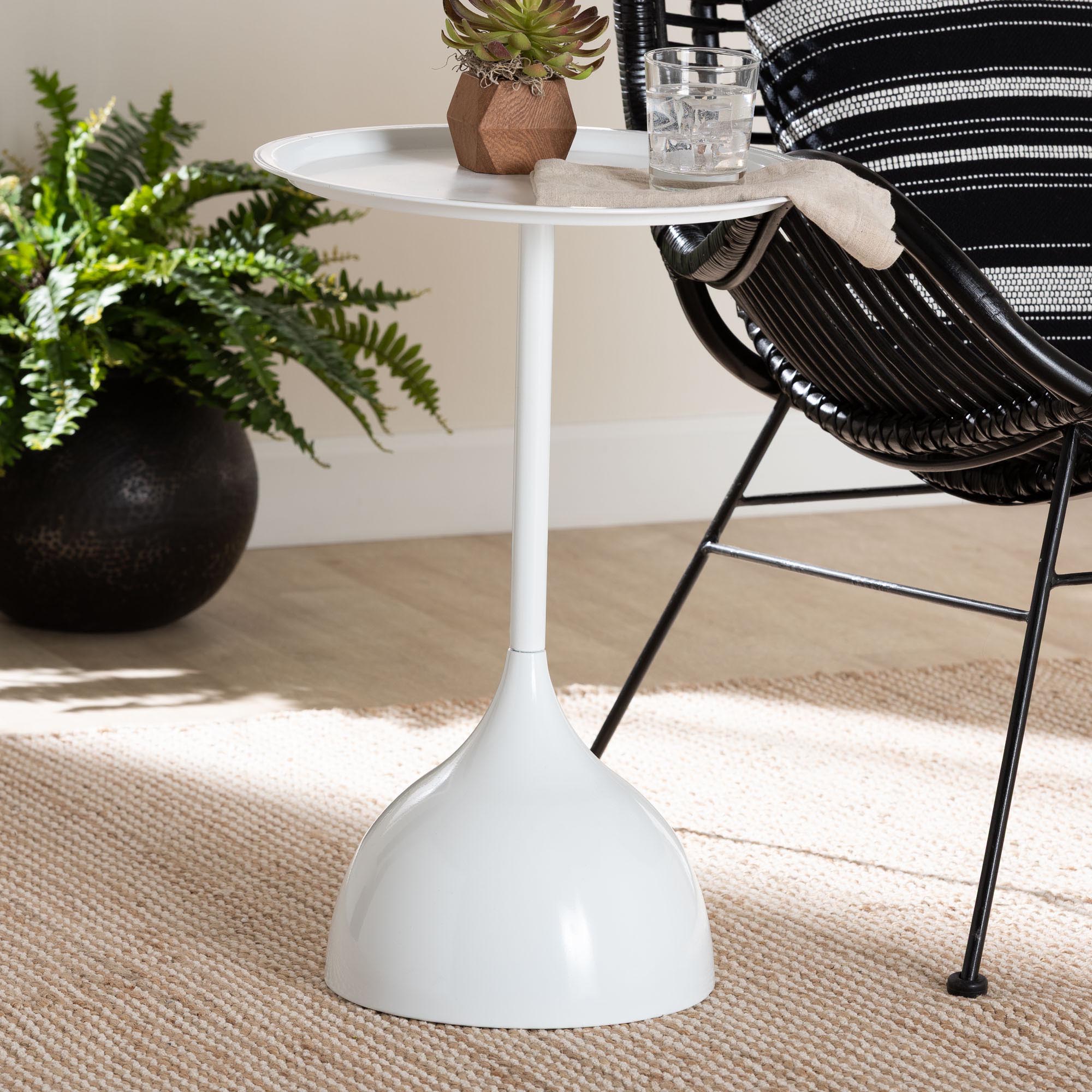 Webb White Metal Pedestal Side Table - Modern Accent Table with Round Tray Top for Indoor or Semi-Outdoor Use