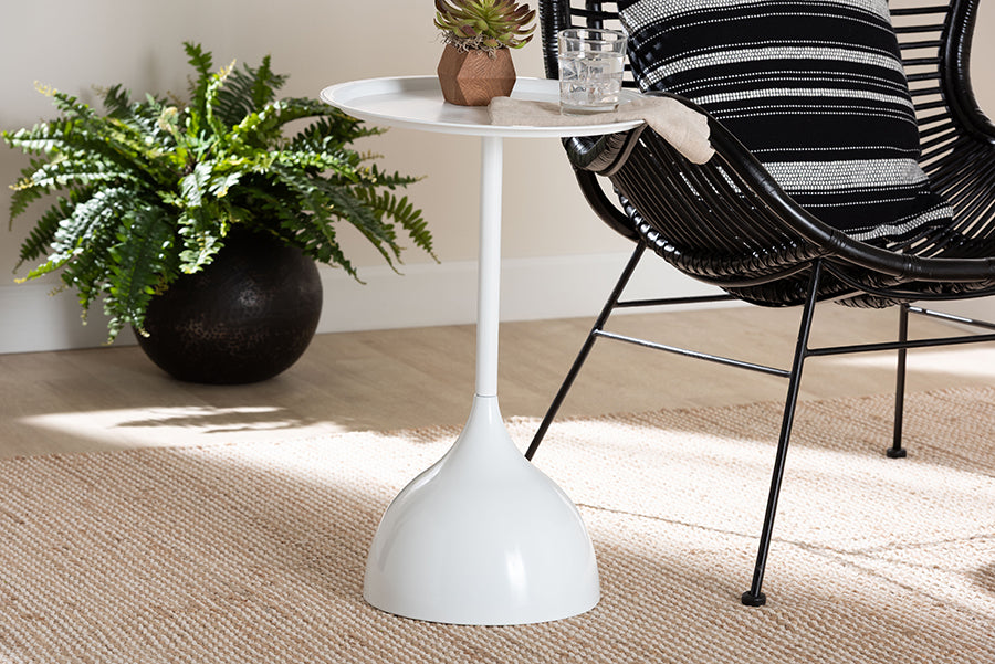 Webb White Metal Pedestal Side Table - Modern Accent Table with Round Tray Top for Indoor or Semi-Outdoor Use