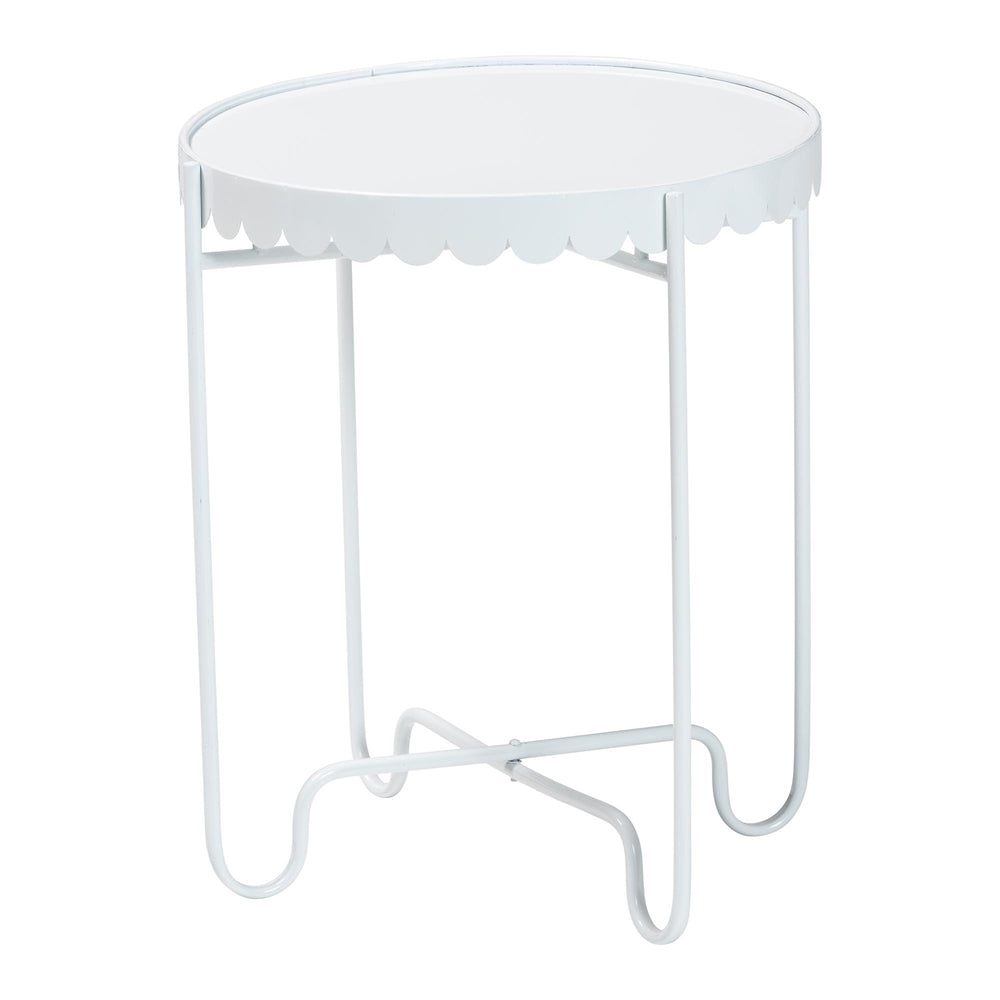 Laverne White Metal Side Table with Scalloped Tray Top - Round Accent Table with Decorative Base for Indoor or Semi-Outdoor Use