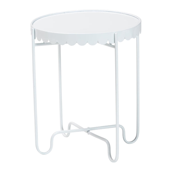Laverne White Metal Side Table with Scalloped Tray Top - Round Accent Table with Decorative Base for Indoor or Semi-Outdoor Use