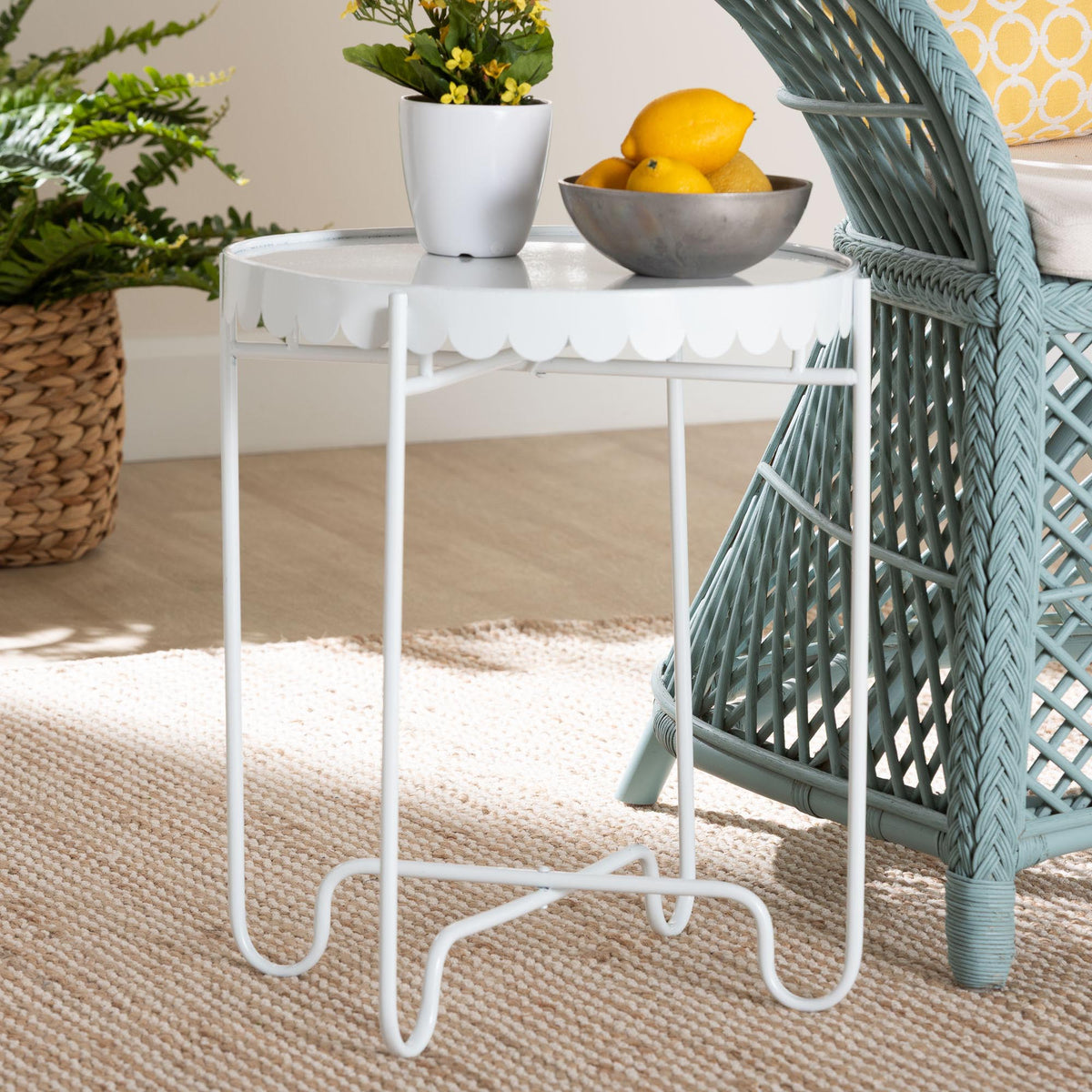 Laverne White Metal Side Table with Scalloped Tray Top - Round Accent Table with Decorative Base for Indoor or Semi-Outdoor Use