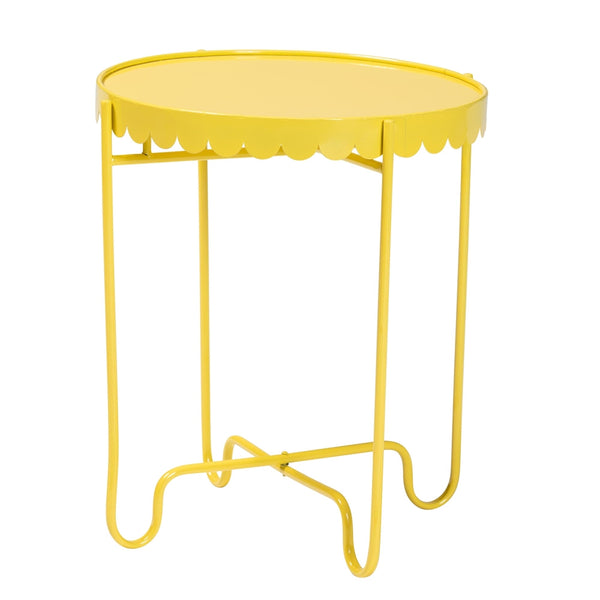 Laverne Yellow Metal Side Table with Scalloped Tray Top - Round Accent Table with Decorative Base for Indoor or Semi-Outdoor Use