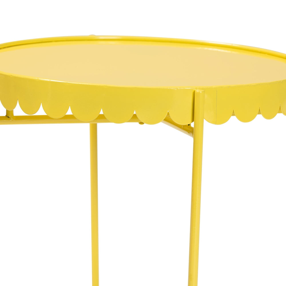 Laverne Yellow Metal Side Table with Scalloped Tray Top - Round Accent Table with Decorative Base for Indoor or Semi-Outdoor Use