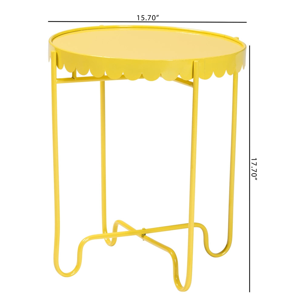 Laverne Yellow Metal Side Table with Scalloped Tray Top - Round Accent Table with Decorative Base for Indoor or Semi-Outdoor Use