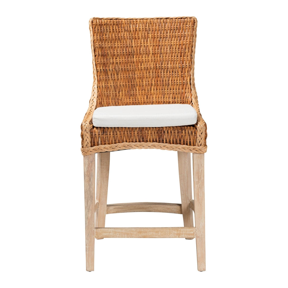 Derris Natural Rattan Counter Stool with Cushion - Tall Wingback Stool with Solid Mango Wood Legs and Footrest, Boho Coastal Style for Kitchen Island or Dining Area Seating, Light Honey