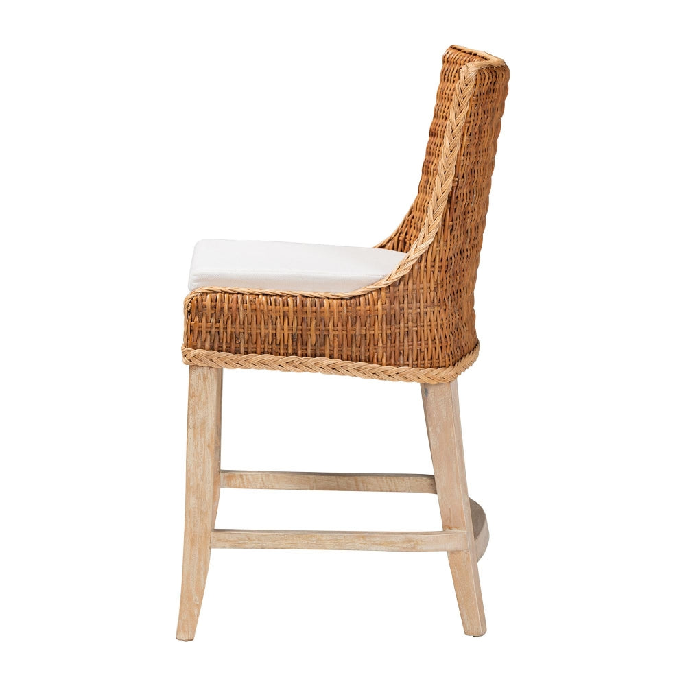 Derris Natural Rattan Counter Stool with Cushion - Tall Wingback Stool with Solid Mango Wood Legs and Footrest, Boho Coastal Style for Kitchen Island or Dining Area Seating, Light Honey