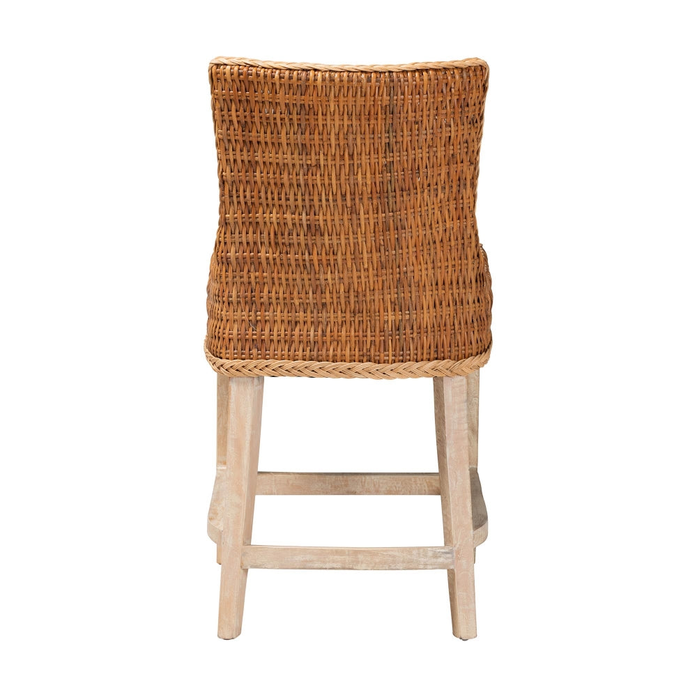 Derris Natural Rattan Counter Stool with Cushion - Tall Wingback Stool with Solid Mango Wood Legs and Footrest, Boho Coastal Style for Kitchen Island or Dining Area Seating, Light Honey
