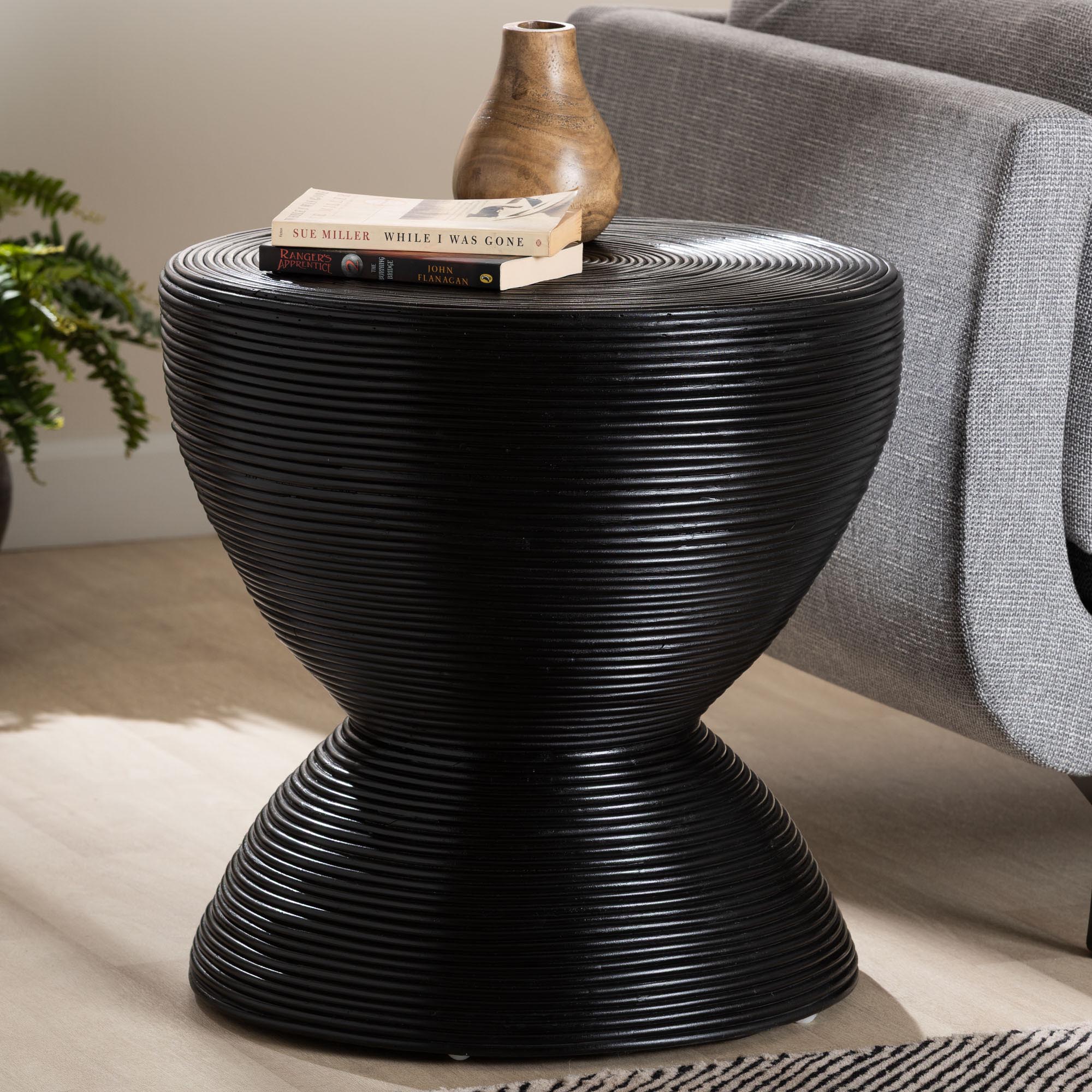 Tokyo Laminated Natural Rattan Side Table -  Hourglass Accent Table with Modern Sculptural Design, Boho Chic Style for Living Room or Bedroom, Black