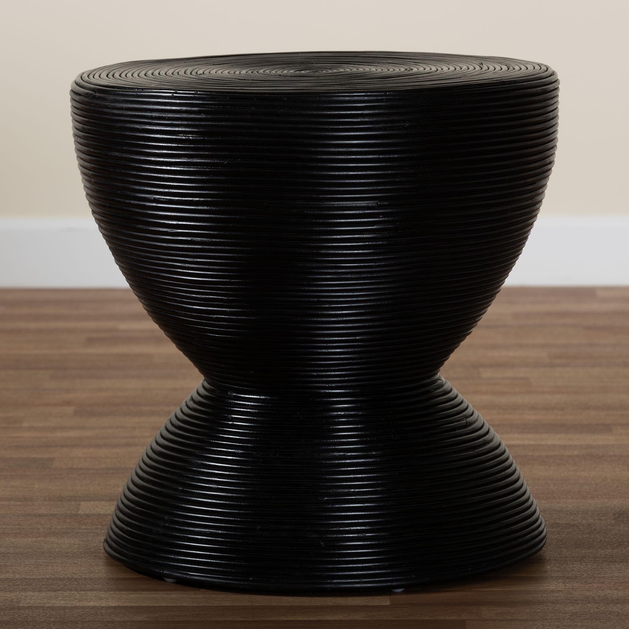 Tokyo Laminated Natural Rattan Side Table -  Hourglass Accent Table with Modern Sculptural Design, Boho Chic Style for Living Room or Bedroom, Black
