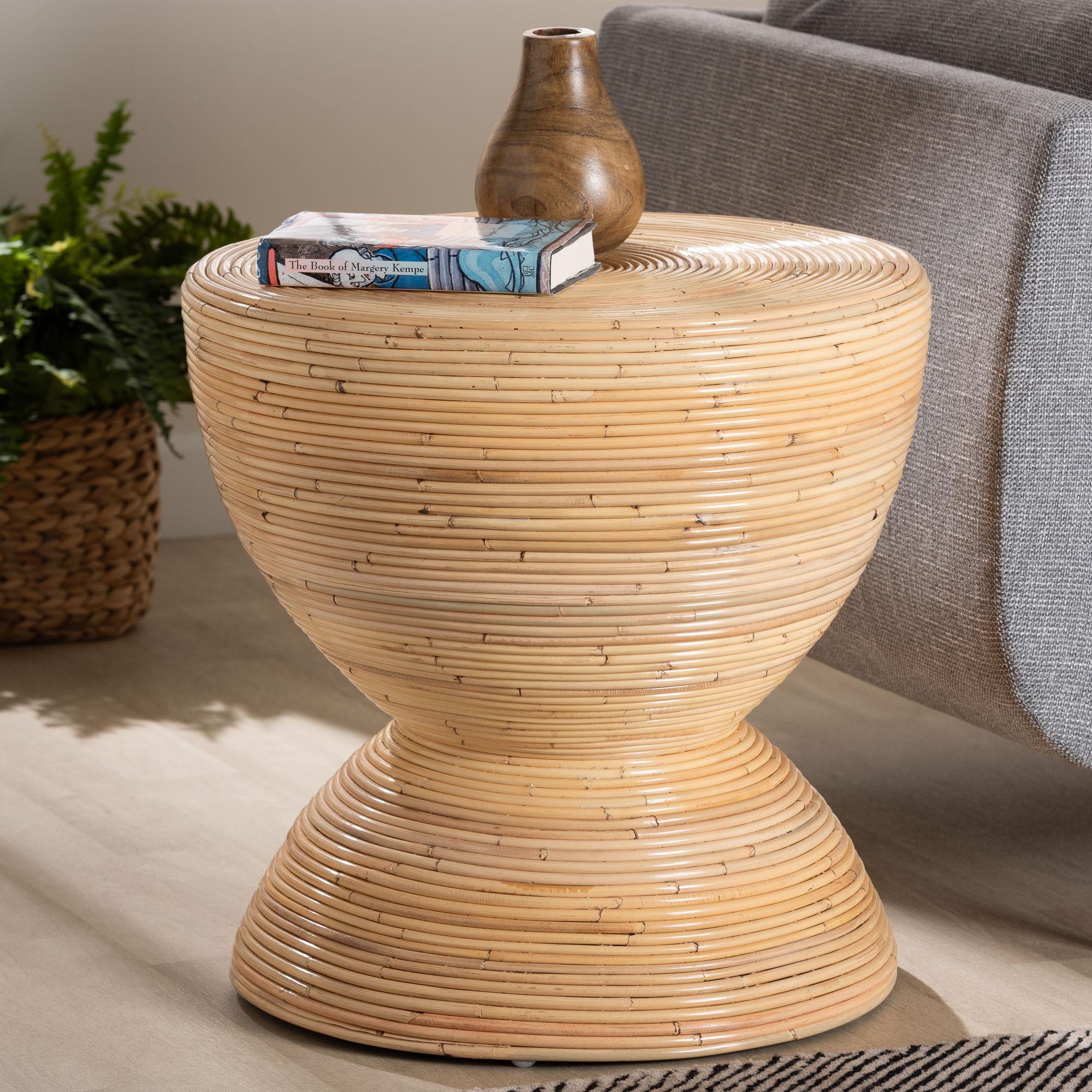 Tokyo Laminated Natural Rattan Side Table -  Hourglass Accent Table with Modern Sculptural Design, Boho Chic Style for Living Room or Bedroom, Natural