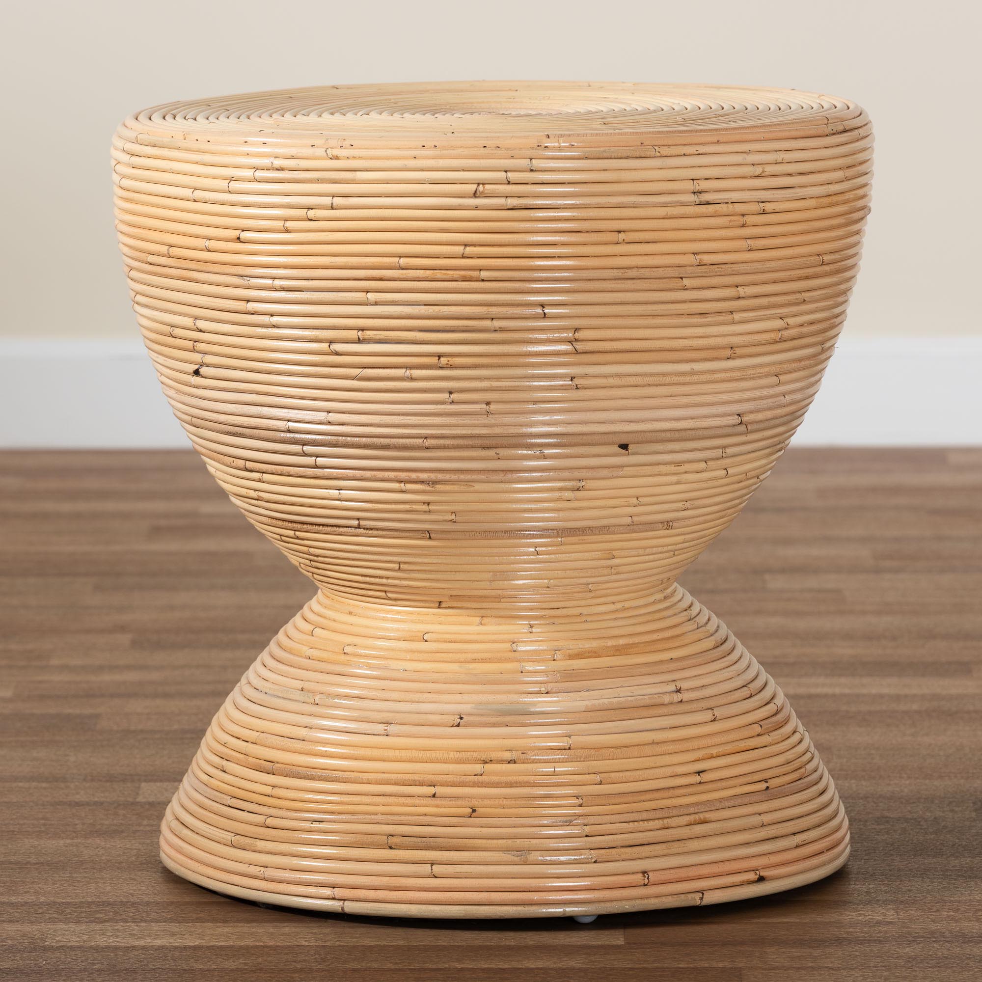 Tokyo Laminated Natural Rattan Side Table -  Hourglass Accent Table with Modern Sculptural Design, Boho Chic Style for Living Room or Bedroom, Natural