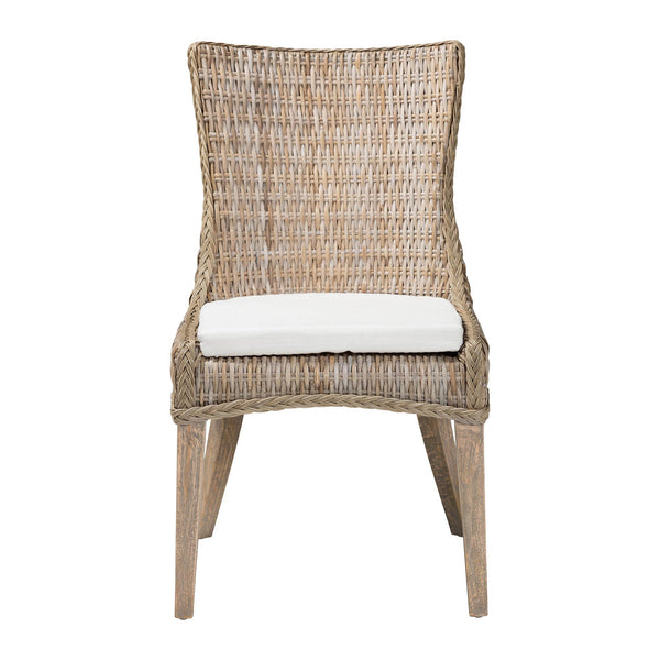 Derris Natural Rattan Dining Chair with Cushion - Tall Wingback Side Chair with Solid Mango Wood Legs, Boho Coastal Style for Kitchen or Dining Room Seating, Greywashed