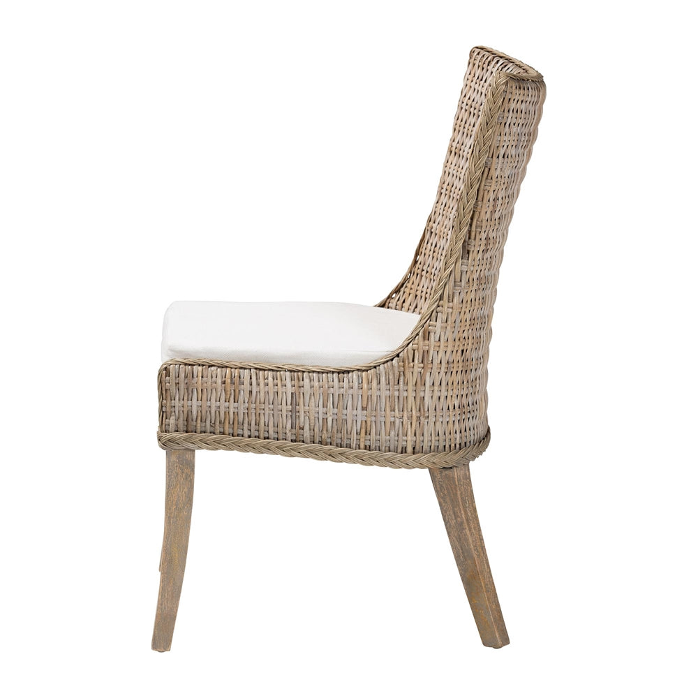 Derris Natural Rattan Dining Chair with Cushion - Tall Wingback Side Chair with Solid Mango Wood Legs, Boho Coastal Style for Kitchen or Dining Room Seating, Greywashed