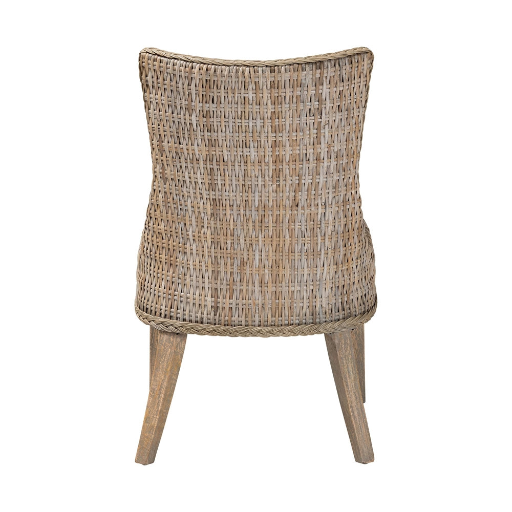Derris Natural Rattan Dining Chair with Cushion - Tall Wingback Side Chair with Solid Mango Wood Legs, Boho Coastal Style for Kitchen or Dining Room Seating, Greywashed