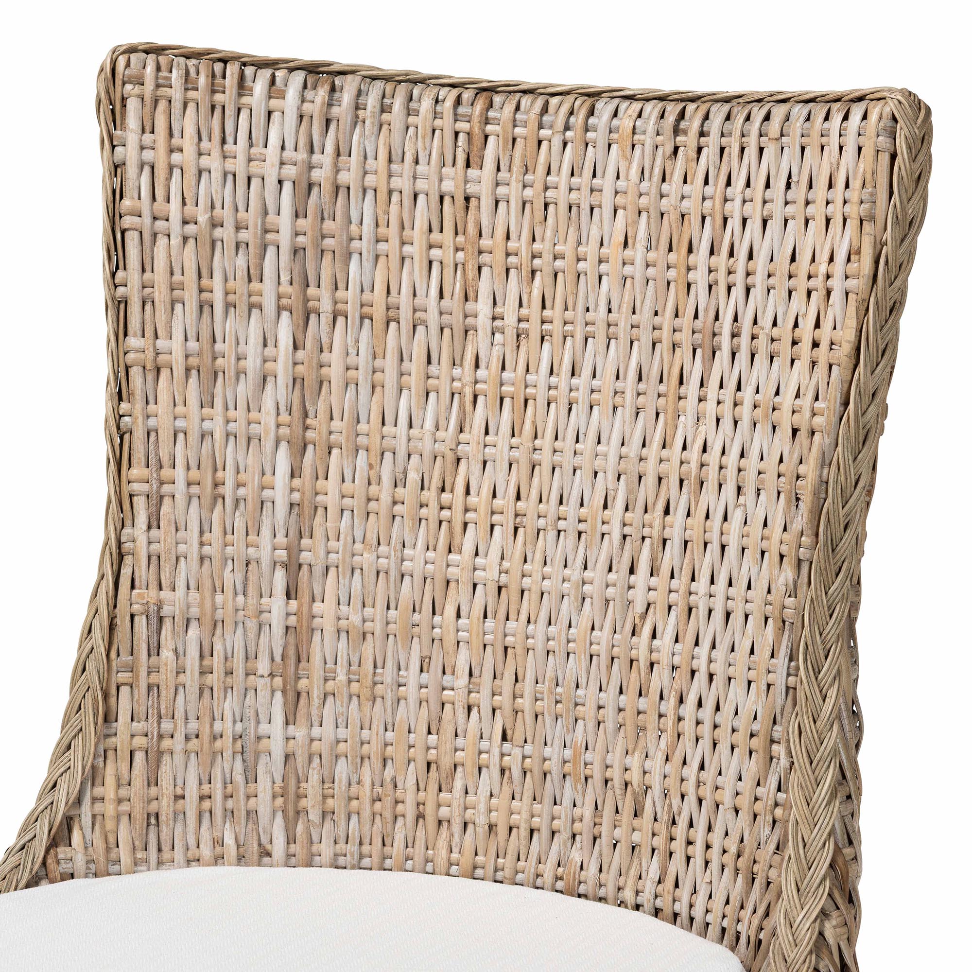 Derris Natural Rattan Dining Chair with Cushion - Tall Wingback Side Chair with Solid Mango Wood Legs, Boho Coastal Style for Kitchen or Dining Room Seating, Greywashed