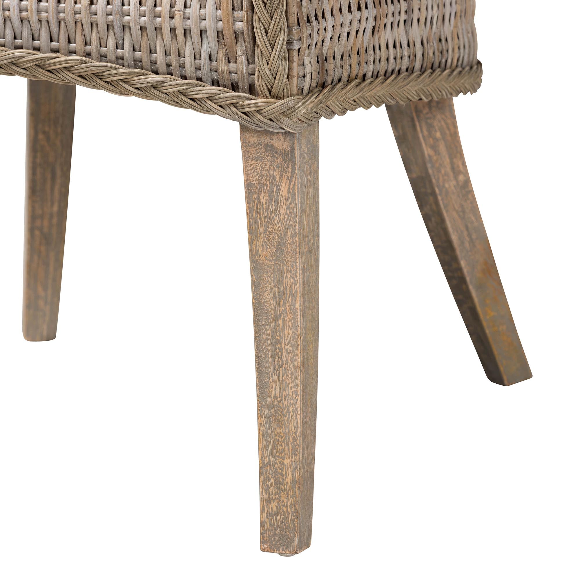 Derris Natural Rattan Dining Chair with Cushion - Tall Wingback Side Chair with Solid Mango Wood Legs, Boho Coastal Style for Kitchen or Dining Room Seating, Greywashed