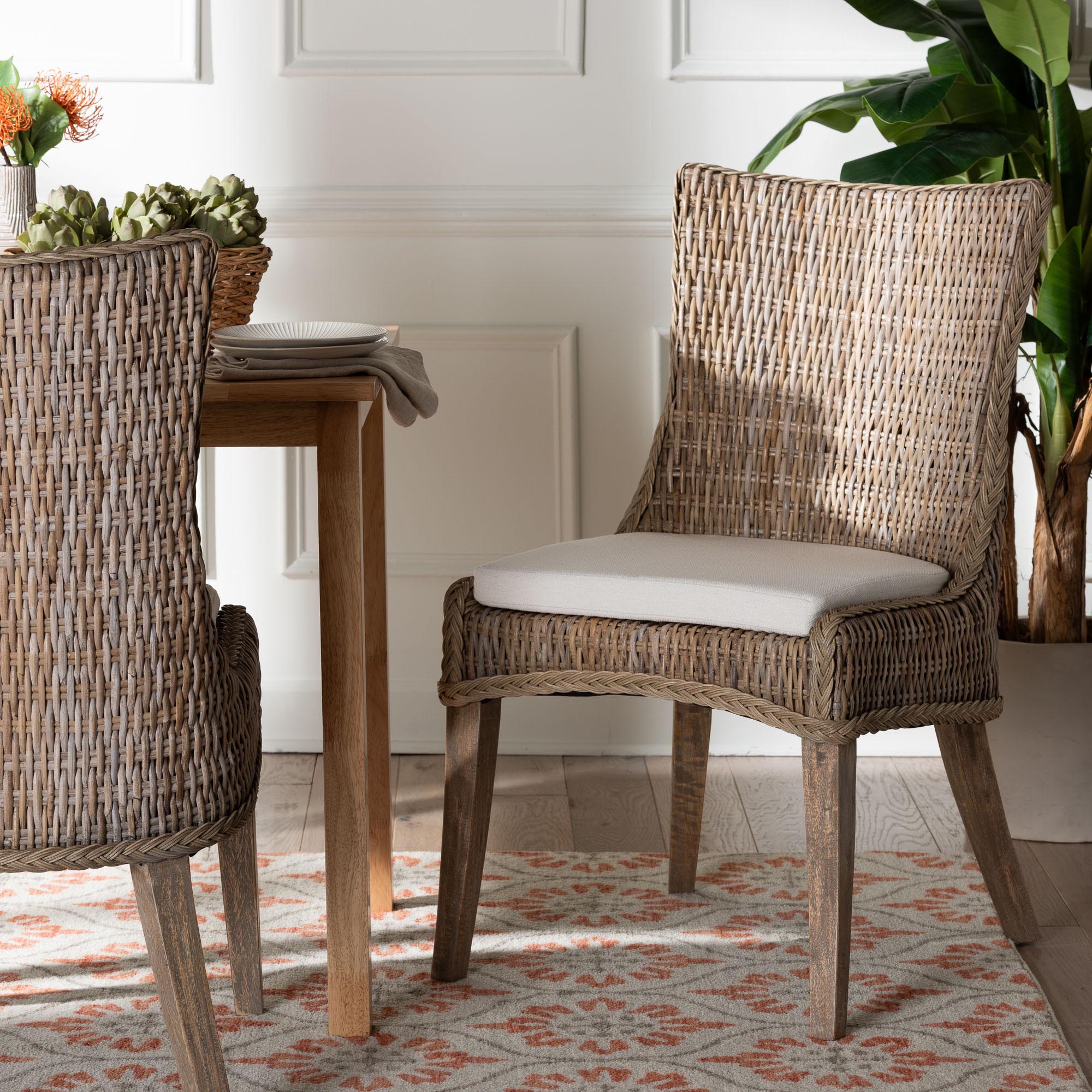Derris Natural Rattan Dining Chair with Cushion - Tall Wingback Side Chair with Solid Mango Wood Legs, Boho Coastal Style for Kitchen or Dining Room Seating, Greywashed