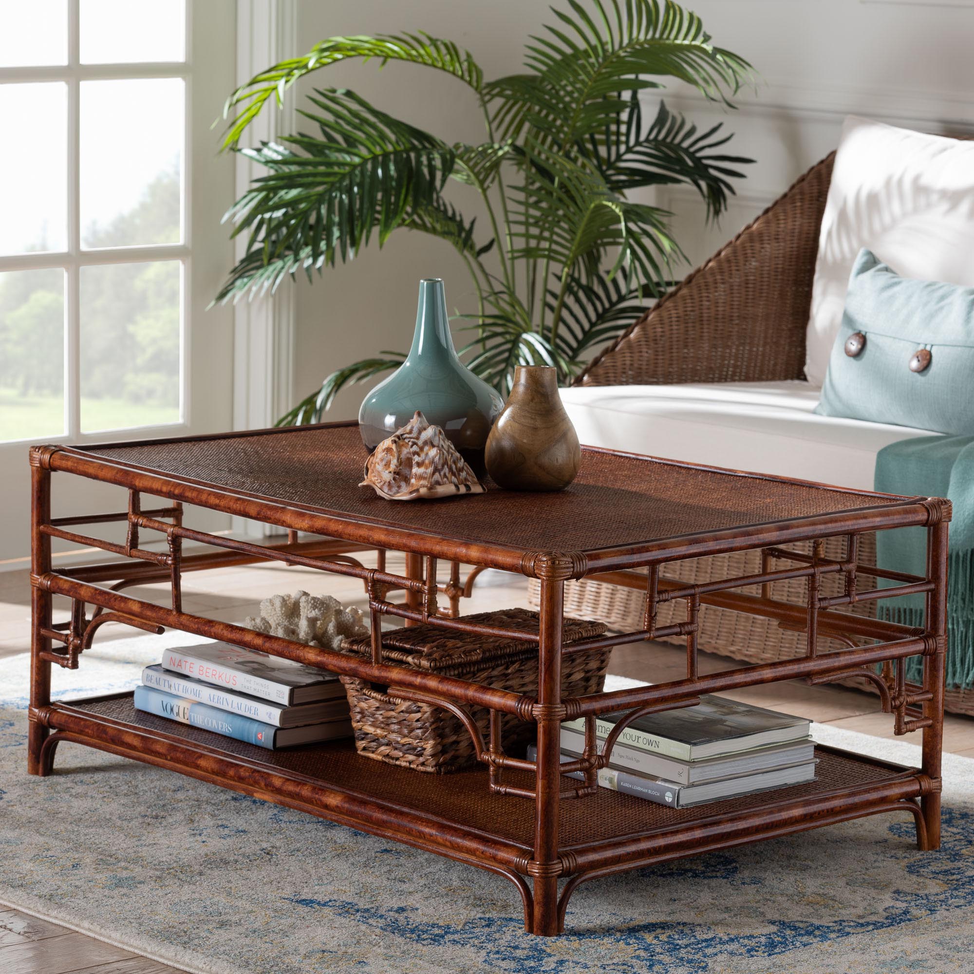 Sebalio Tortoise Natural Rattan Coffee Table with Open Shelf - Vintage Style Center Table for Living Room, Sunroom, or Coastal Living Space