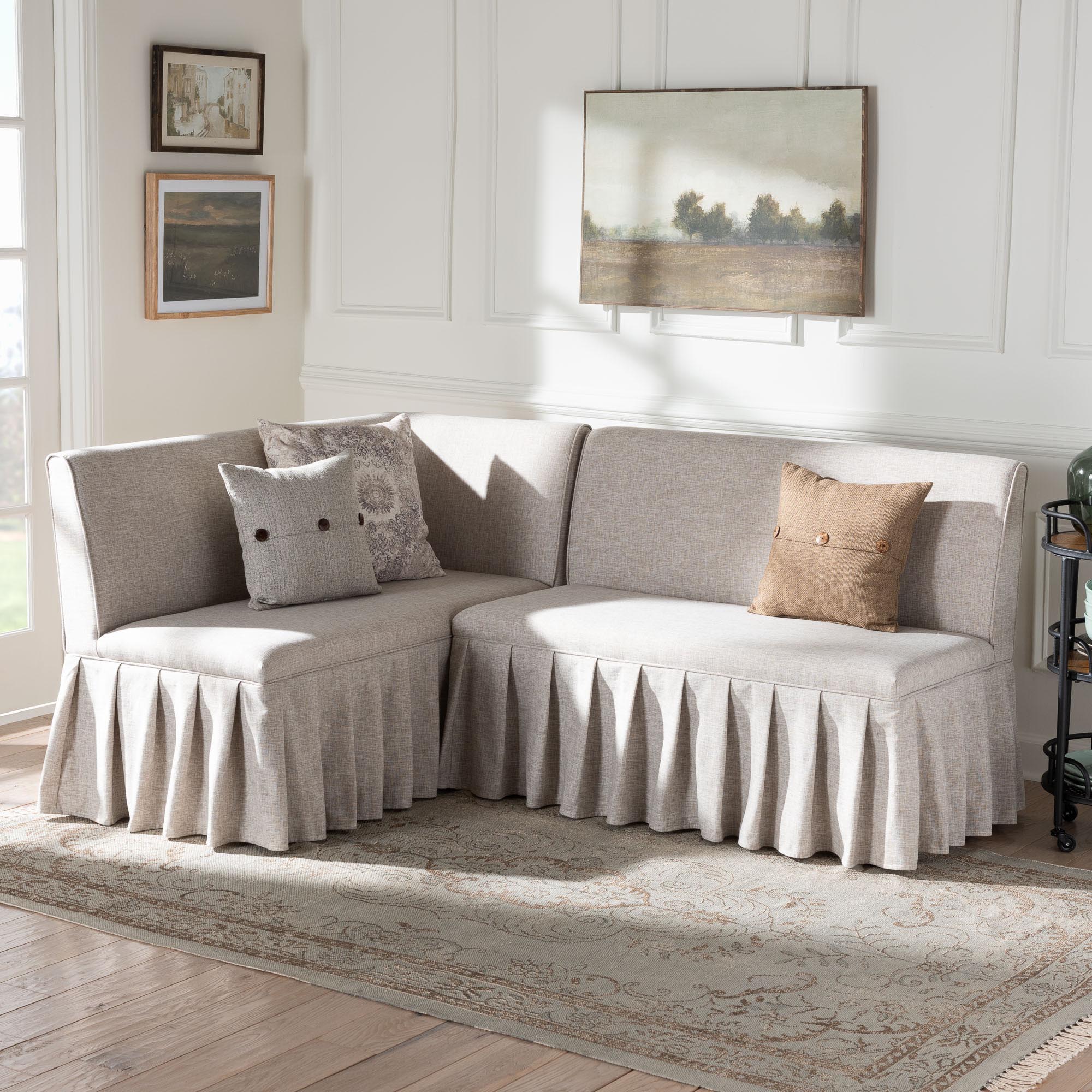 Bryna 2-Piece Fabric Upholstered Dining Nook Bench Set - Corner Kitchen Banquette Seating with Skirted Base, L-Shaped Breakfast Nook for Small Spaces, Beige