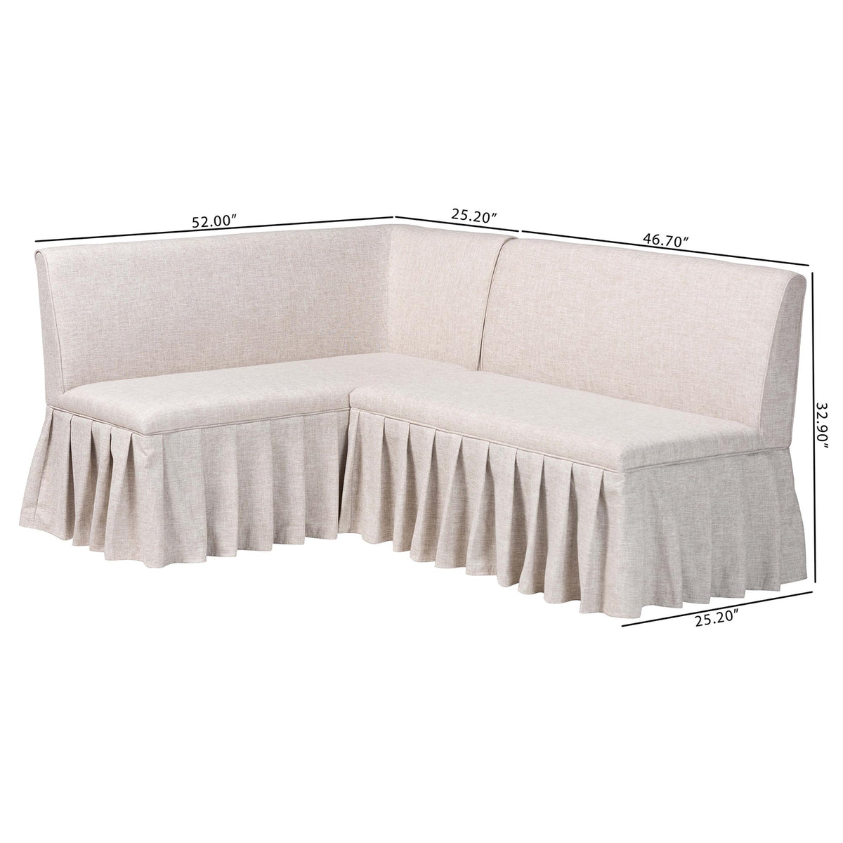 Bryna 2-Piece Fabric Upholstered Dining Nook Bench Set - Corner Kitchen Banquette Seating with Skirted Base, L-Shaped Breakfast Nook for Small Spaces, Beige